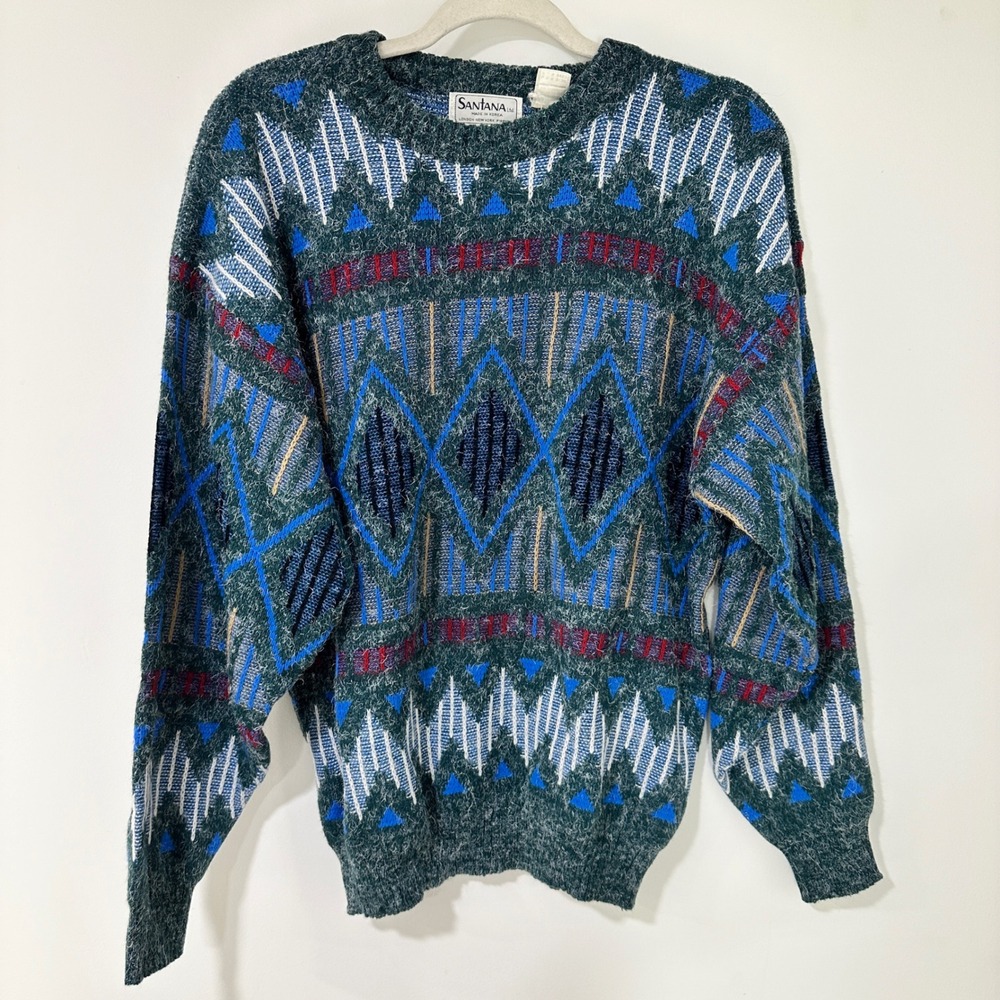 Santana Ltd Vintage Geometric Knit Sweater Mens Large Green Fair Isle Cozystyle